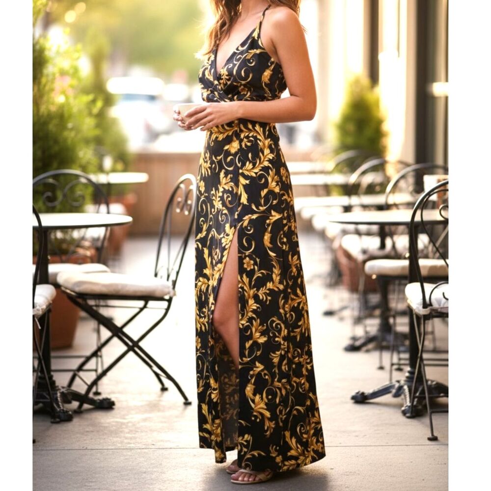 dna Couture Black Gold Baroque Scroll Print Maxi Dress Size Small V-Neck Slit